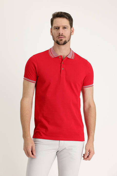 Light Red Polo Collar Slim Fit Narrow Cut Cotton T-Shirt