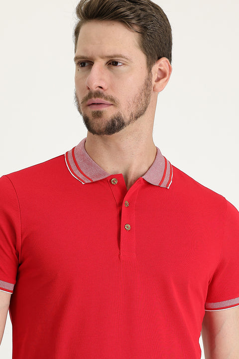 Light Red Polo Collar Slim Fit Narrow Cut Cotton T-Shirt
