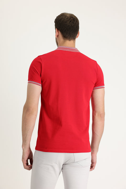 Light Red Polo Collar Slim Fit Narrow Cut Cotton T-Shirt