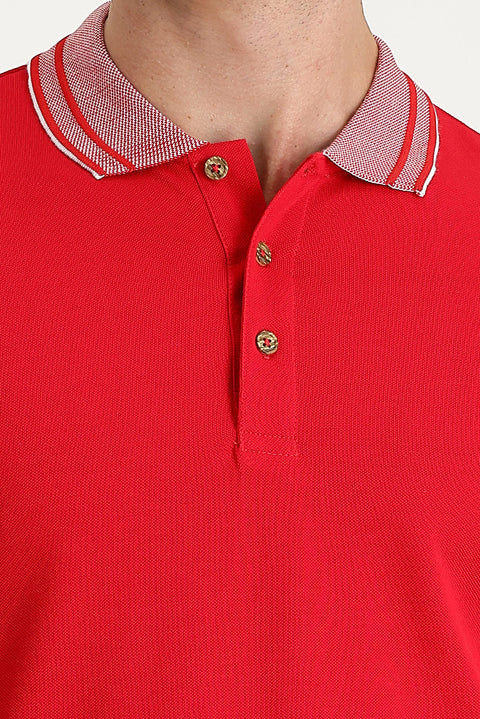 Light Red Polo Collar Slim Fit Narrow Cut Cotton T-Shirt