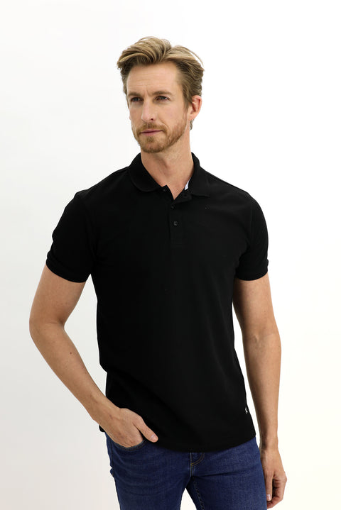 Black Polo Collar Slim Fit Embroidered Cotton T-Shirt