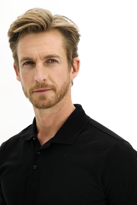 Black Polo Collar Slim Fit Embroidered Cotton T-Shirt