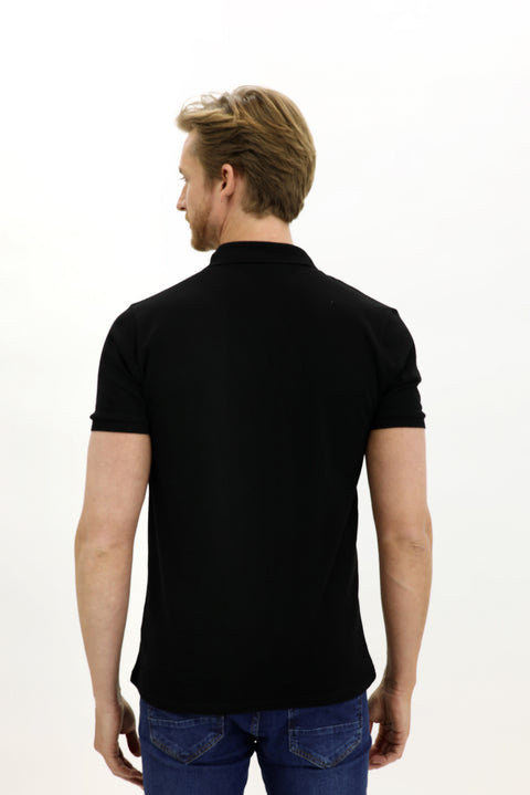 Black Polo Collar Slim Fit Embroidered Cotton T-Shirt