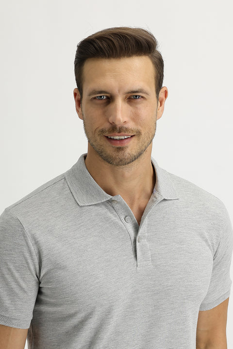 Light Grey Melange Polo Collar Slim Fit Embroidered T-Shirt