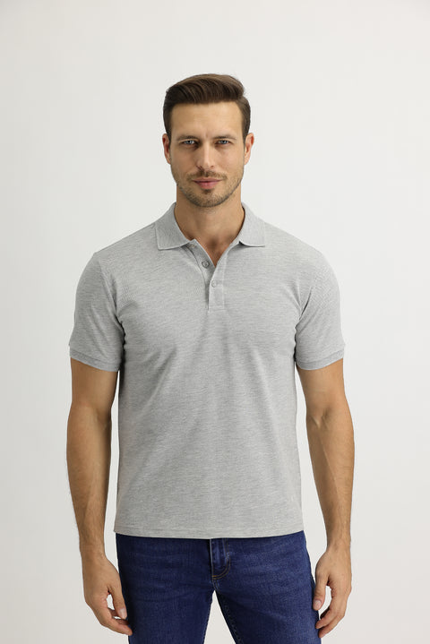 Light Grey Melange Polo Collar Slim Fit Embroidered T-Shirt