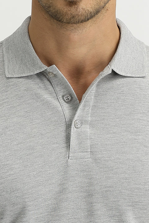 Light Grey Melange Polo Collar Slim Fit Embroidered T-Shirt