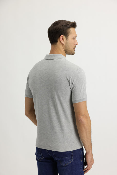 Light Grey Melange Polo Collar Slim Fit Embroidered T-Shirt