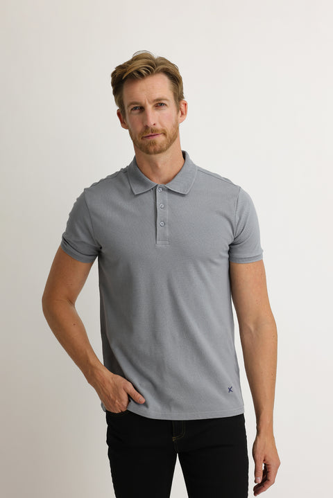 Medium Grey Polo Collar Slim Fit Embroidered Cotton T-Shirt