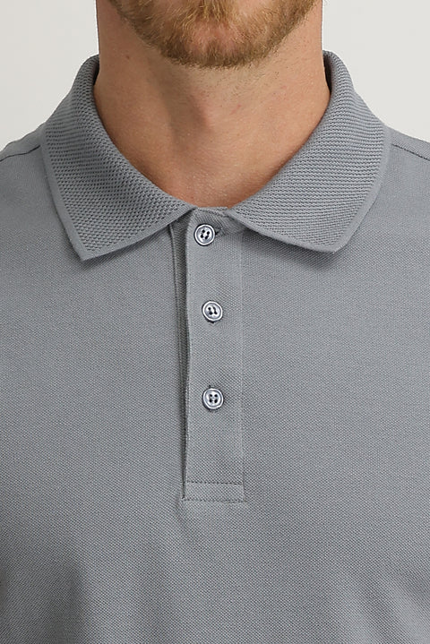 Medium Grey Polo Collar Slim Fit Embroidered Cotton T-Shirt