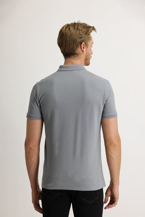 Medium Grey Polo Collar Slim Fit Embroidered Cotton T-Shirt