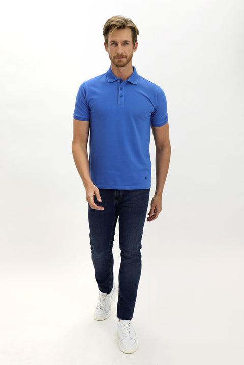 Kobalt Mavi Polo Yaka Slim Fit Dar Kesim Nakışlı Pamuk Tişört