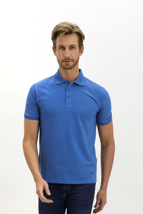 Kobalt Mavi Polo Yaka Slim Fit Dar Kesim Nakışlı Pamuk Tişört