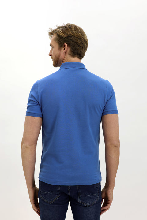 Kobalt Mavi Polo Yaka Slim Fit Dar Kesim Nakışlı Pamuk Tişört