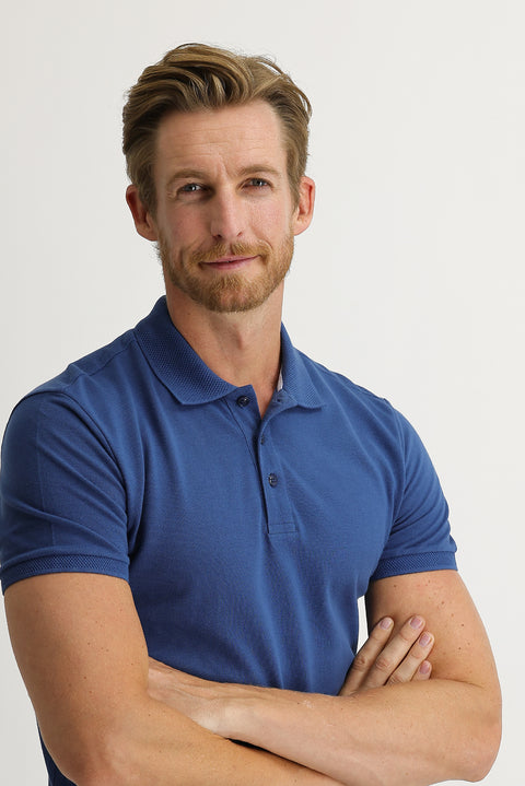 Dark Indigo Polo Collar Slim Fit Embroidered Cotton T-Shirt