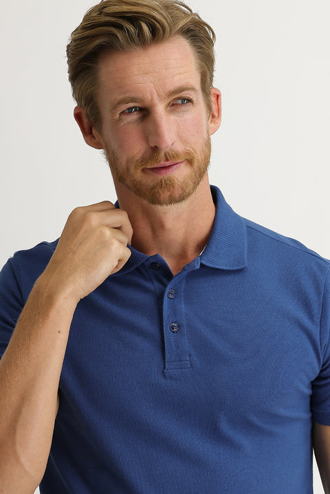 Dark Indigo Polo Collar Slim Fit Embroidered Cotton T-Shirt