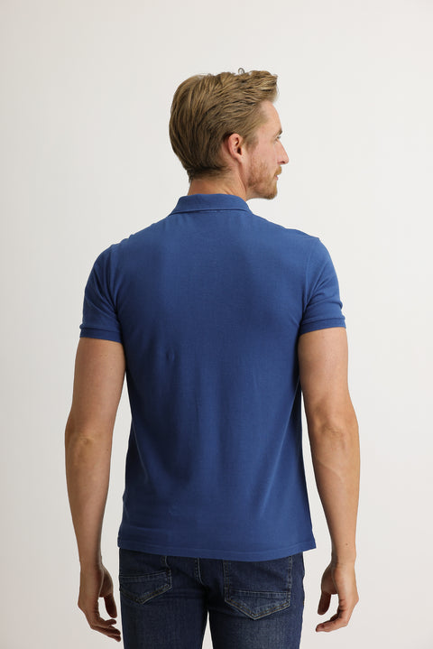 Dark Indigo Polo Collar Slim Fit Embroidered Cotton T-Shirt