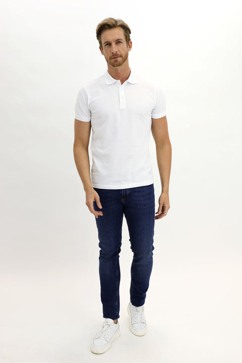 White Polo Collar Slim Fit Embroidered Cotton T-Shirt