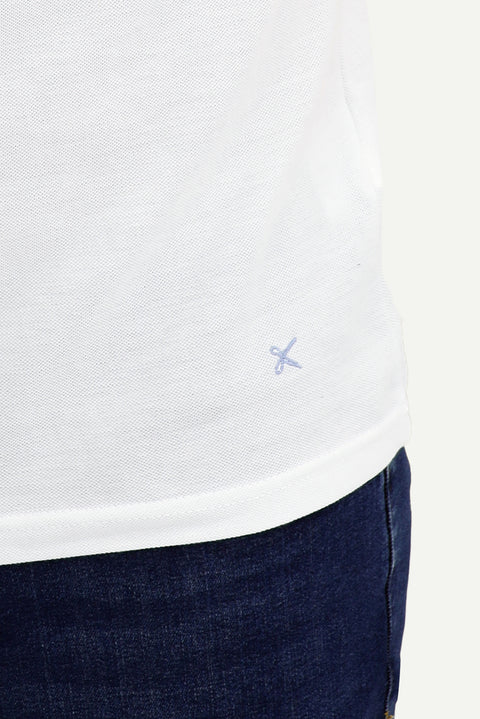 White Polo Collar Slim Fit Embroidered Cotton T-Shirt