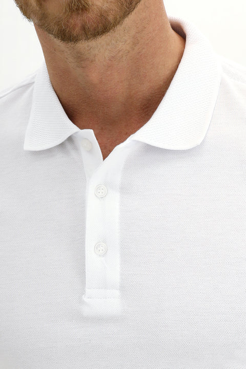 White Polo Collar Slim Fit Embroidered Cotton T-Shirt