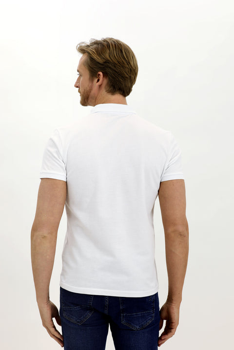 White Polo Collar Slim Fit Embroidered Cotton T-Shirt