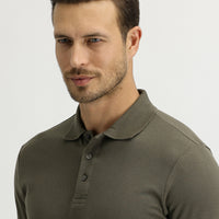Orta Haki Polo Yaka Slim Fit Dar Kesim Nakışlı Pamuk Tişört