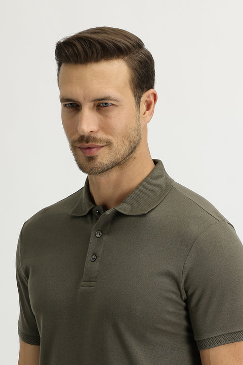 Orta Haki Polo Yaka Slim Fit Dar Kesim Nakışlı Pamuk Tişört