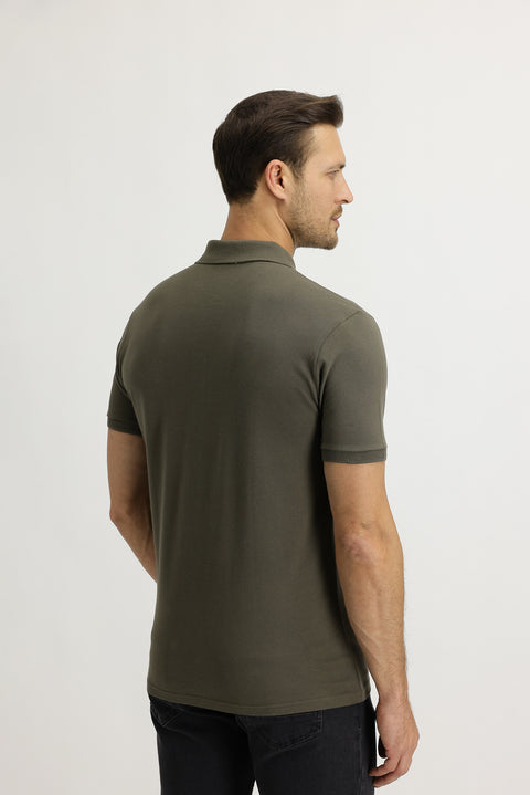 Orta Haki Polo Yaka Slim Fit Dar Kesim Nakışlı Pamuk Tişört