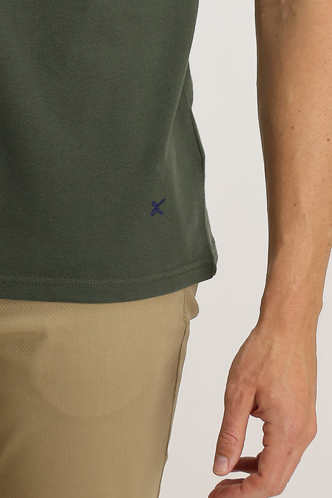 Asker Haki Polo Yaka Slim Fit Dar Kesim Nakışlı Tişört