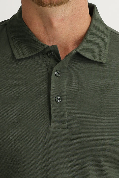 Asker Haki Polo Yaka Slim Fit Dar Kesim Nakışlı Tişört