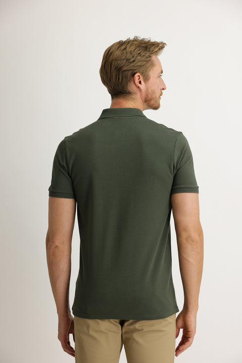 Asker Haki Polo Yaka Slim Fit Dar Kesim Nakışlı Tişört
