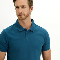 Dark Petrol Polo Collar Slim Fit Narrow Cut Embroidered Cotton T-Shirt