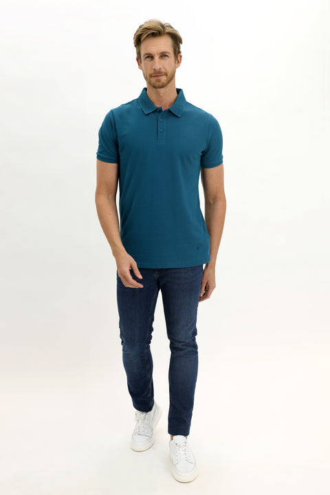 Dark Petrol Polo Collar Slim Fit Narrow Cut Embroidered Cotton T-Shirt