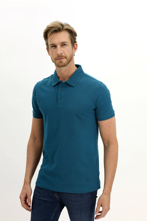 Dark Petrol Polo Collar Slim Fit Narrow Cut Embroidered Cotton T-Shirt