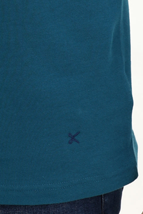 Dark Petrol Polo Collar Slim Fit Narrow Cut Embroidered Cotton T-Shirt