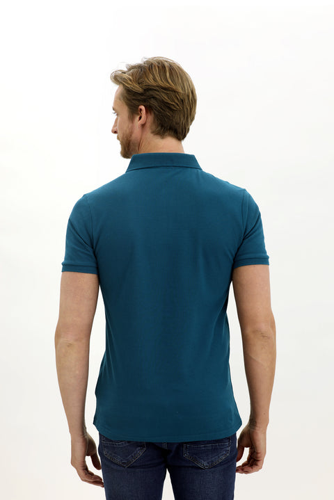 Dark Petrol Polo Collar Slim Fit Narrow Cut Embroidered Cotton T-Shirt