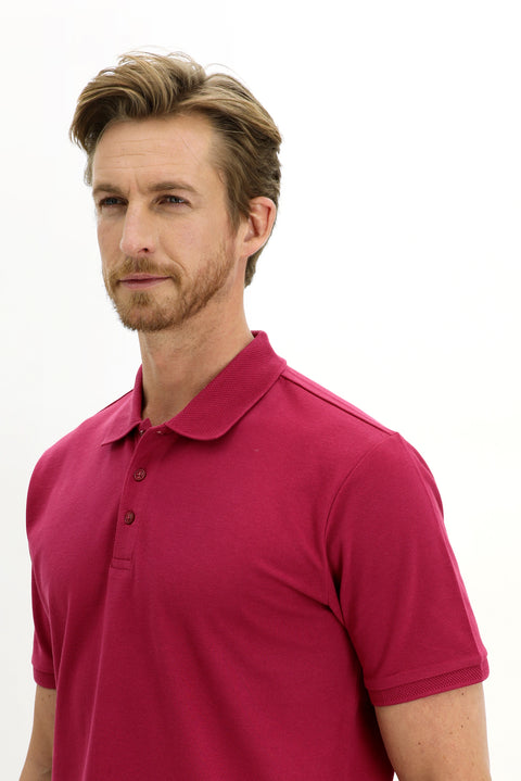 Cherry Red Polo Collar Slim Fit Narrow Cut Embroidered Cotton T-shirt