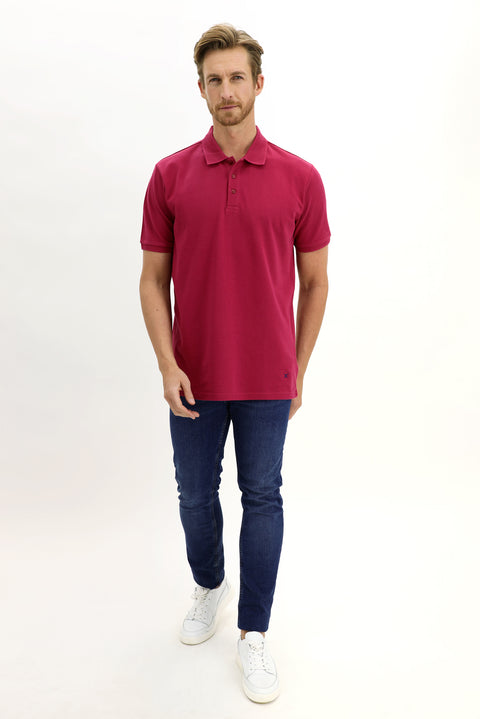 Cherry Red Polo Collar Slim Fit Narrow Cut Embroidered Cotton T-shirt