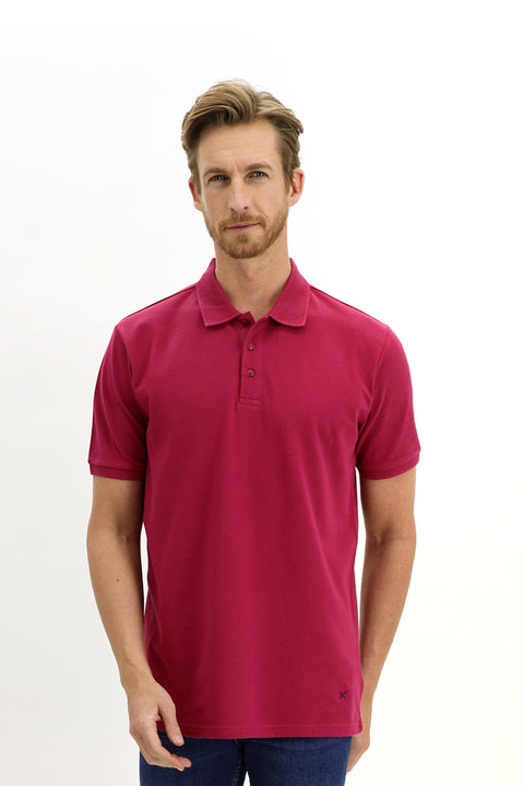 Cherry Red Polo Collar Slim Fit Narrow Cut Embroidered Cotton T-shirt