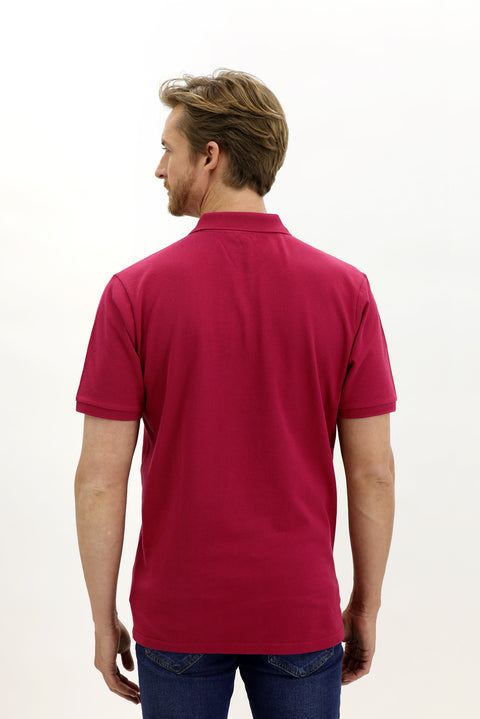 Cherry Red Polo Collar Slim Fit Narrow Cut Embroidered Cotton T-shirt