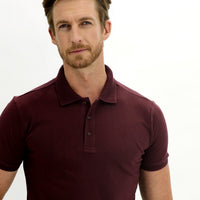 Dark Burgundy Polo Collar Slim Fit Embroidered Cotton T-Shirt