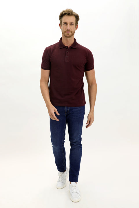 Dark Burgundy Polo Collar Slim Fit Embroidered Cotton T-Shirt