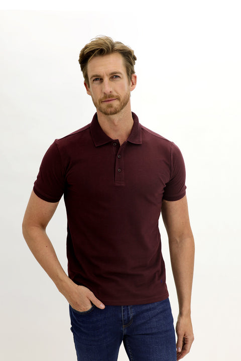 Dark Burgundy Polo Collar Slim Fit Embroidered Cotton T-Shirt