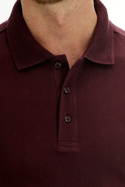 Dark Burgundy Polo Collar Slim Fit Embroidered Cotton T-Shirt