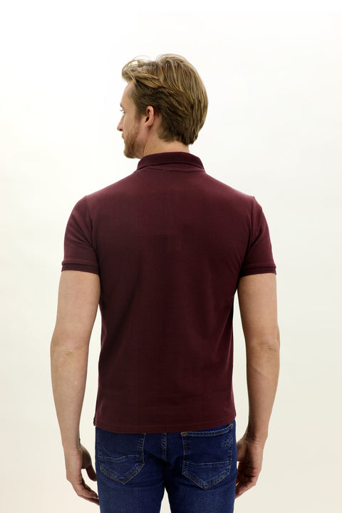 Dark Burgundy Polo Collar Slim Fit Embroidered Cotton T-Shirt