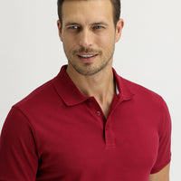 Dark Red Polo Collar Slim Fit Embroidered Cotton T-Shirt