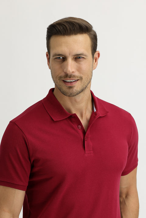 Dark Red Polo Collar Slim Fit Embroidered Cotton T-Shirt
