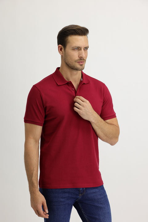 Dark Red Polo Collar Slim Fit Embroidered Cotton T-Shirt