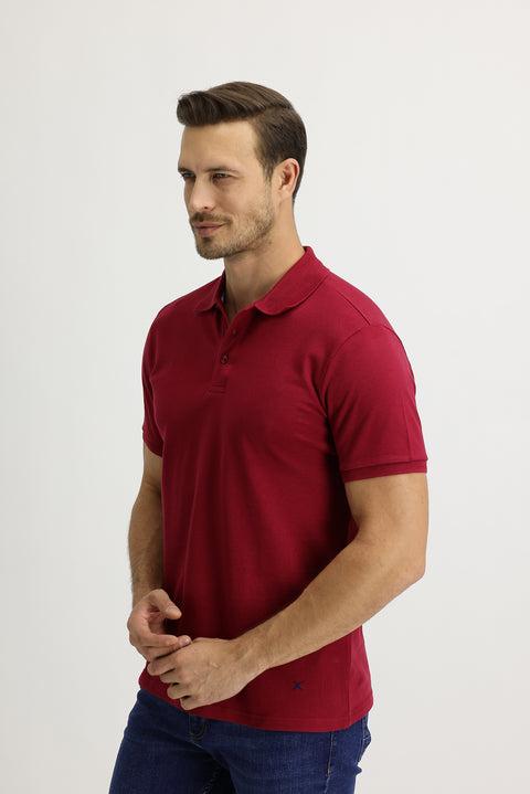 Dark Red Polo Collar Slim Fit Embroidered Cotton T-Shirt