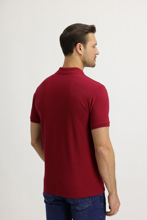Dark Red Polo Collar Slim Fit Embroidered Cotton T-Shirt