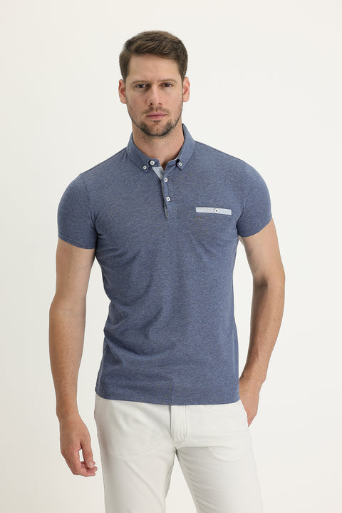 Indigo Polo Collar Slim Fit Narrow Cut Cotton T-shirt